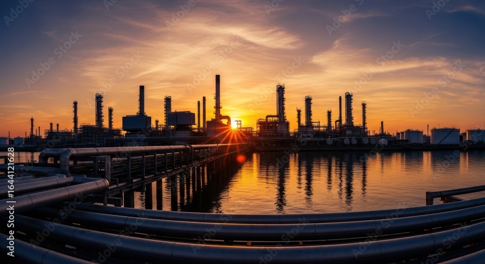 Naklejka premium Industrial complex at sunset over water. Silhouetted refinery pipes and tanks reflect in calm water