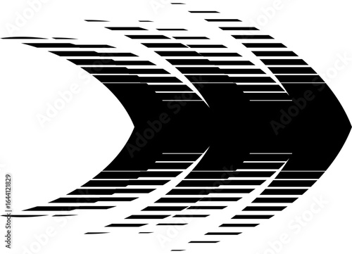 Vector arrow. Black pattern of sharp shapes on a white background. Sporty Striped Design element for car body, boat, motorcycle, sportswear, toy. Vector background. Pointer, direction, navigation