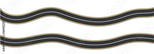 Wavy Curve road. Top view of racetrack. Empty highway asphalt road, Ariel View Road, Empty highway black asphalt road with dividing lines. Winding road from top view illustration. 