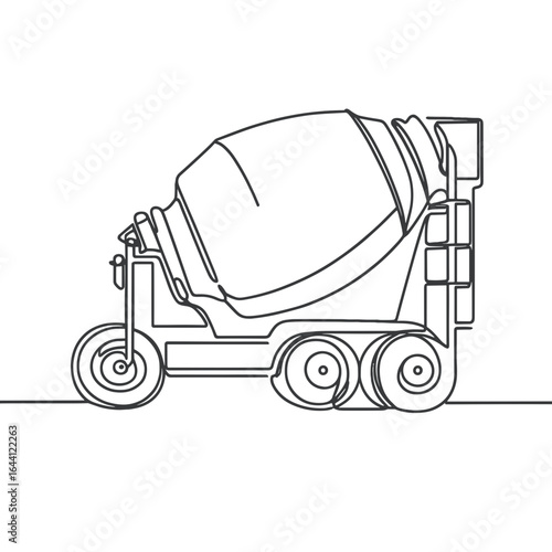 Concrete mixer truck line drawing in black and white for construction