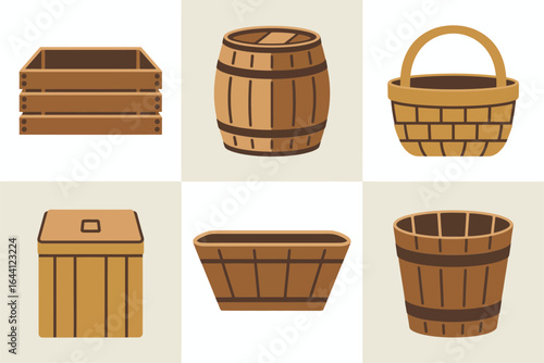 Barrel and cask icons, wooden keg vector, winery storage illustration, vintage brewing clipart, craft beverage label