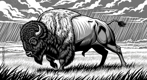 A powerful bison stands in a rain-swept prairie, depicted in a dramatic black and white illustration.