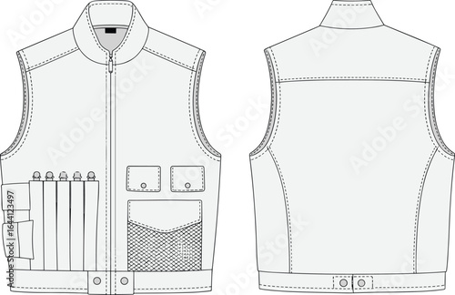 Utility vest front and back view, high collar, zipper closure, flap pockets, mesh pocket, tool loops, fashion sketch, apparel illustration