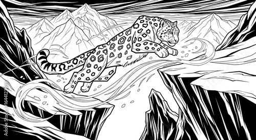 A snow leopard leaps gracefully over a chasm in a mountainous, wintery landscape.