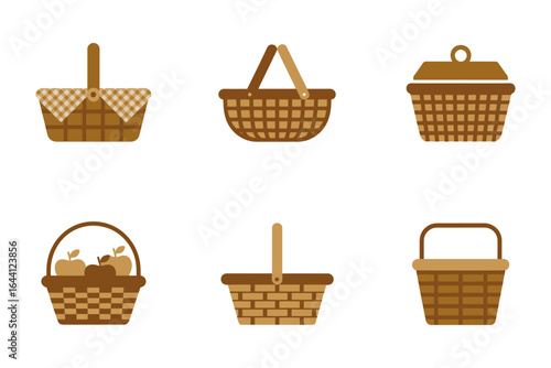 Harvest crate and wooden basket icons, farm market wicker hamper wooden box vector, produce packaging illustration, rustic label design