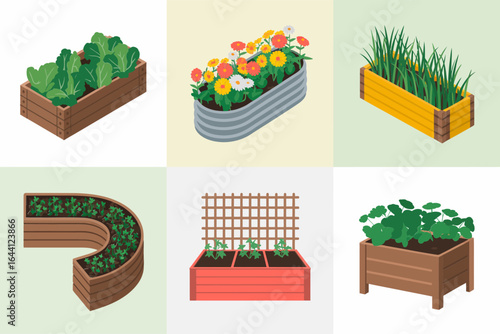 Garden layout and raised bed kit icons, modular planter vector, landscaping plan illustration, vegetable bed clipart, garden project template