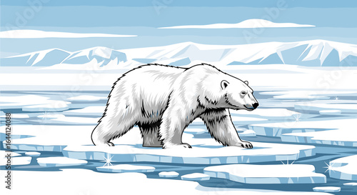 A majestic polar bear traverses a fragmented Arctic ice floe, mountains looming in the background under a pale sky.