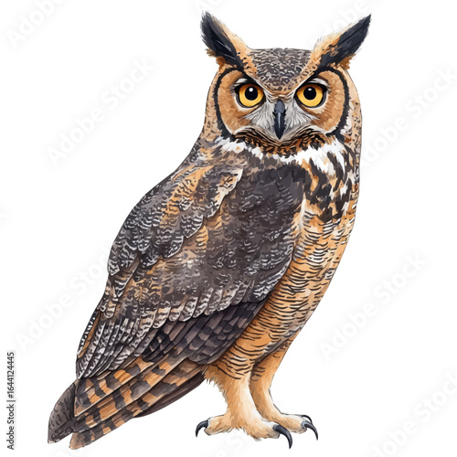 watercolor of Great Horned Owl, vector, isolated on a white background.