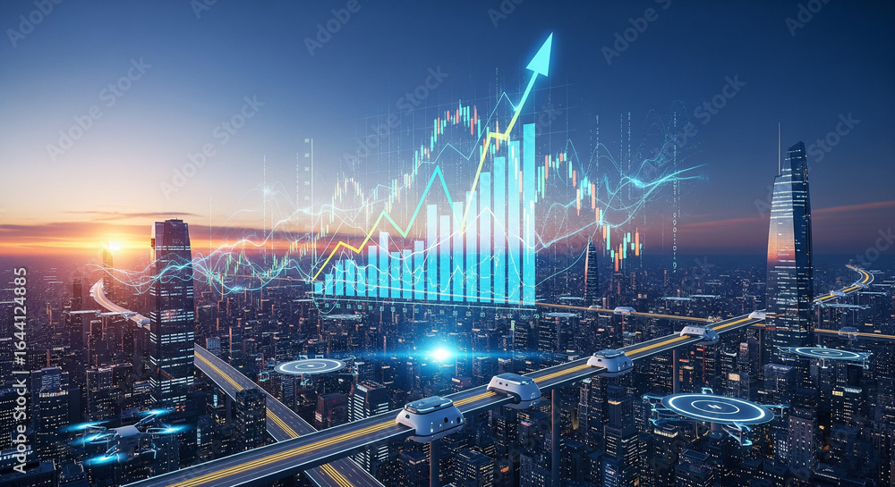 custom made wallpaper toronto digitalFuturistic Smart City with Financial Growth and Advanced Urban Mobility at Sunset