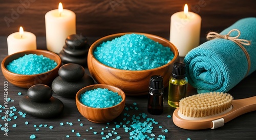 Turquoise bath salt and massage stones create a relaxing spa atmosphere for wellness and beauty treatments