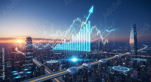 Wallpaper Mural Futuristic Smart City with Financial Growth and Advanced Urban Mobility at Sunset Torontodigital.ca