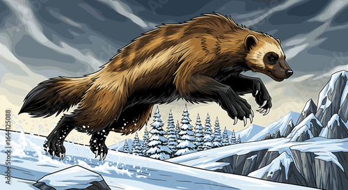 A wolverines runs across a snowy mountain landscape, its fur highlighted against the winter scene.