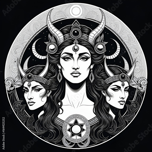 Triple lunar Goddess Hecate ancient Greek mythology hand drawn black and white isolated vector illustration. Blackwork, flash tattoo or print design.