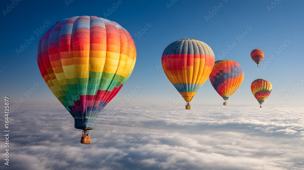 Fototapeta premium Colorful hot air balloons float above a sea of clouds.