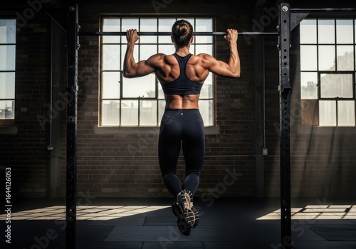 Strong Woman Dominates Pull Up Bar in Industrial Gym Setting