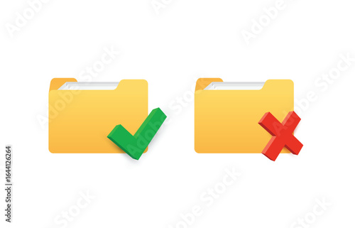 Yellow folder icons with green check mark and red cross – approve and reject file concept. Vector illustration. 