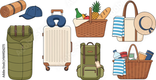 Travel and vacation gear illustration for packing essentials