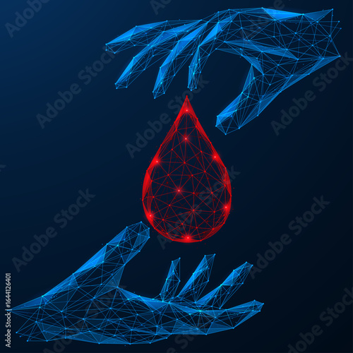 A red drop of blood passing from hand to hand. A symbol of salvation and health care. Polygonal design of lines and dots. Blue background.