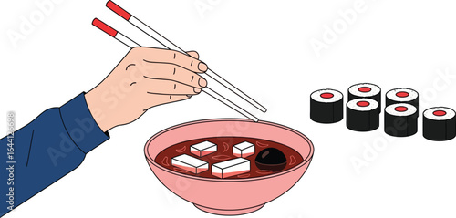 Order japanese food online miso soup and sushi delivery concept