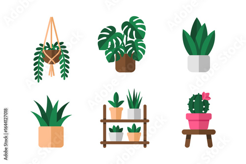 Indoor plant care icon set, watering can fertilizer pruning shears vector, houseplant maintenance illustration, gardening guide card, infographic friendly design