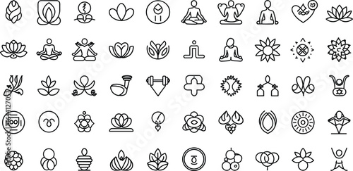 Wellness and Yoga Line Icons – Meditation, Lotus, Spa, Self-Care, Mindfulness, Balance, Chakra, Fitness, Natural Healing, Relaxation Symbols