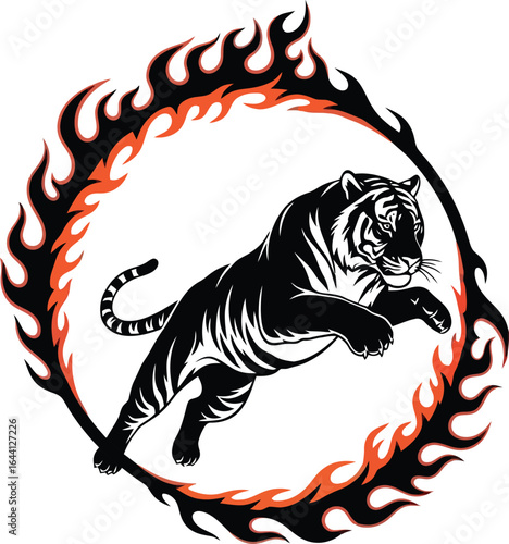 Tiger jumping through a fiery ring silhouette