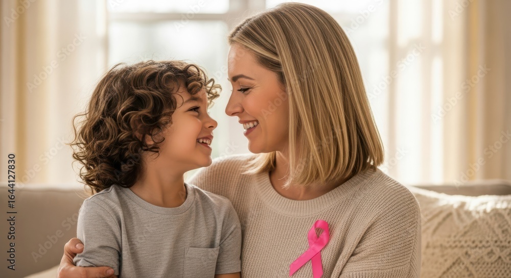 Mother and child embracing with pink ribbon for breast cancer awareness Mother and child embracing with pink ribbon for breast cancer awareness