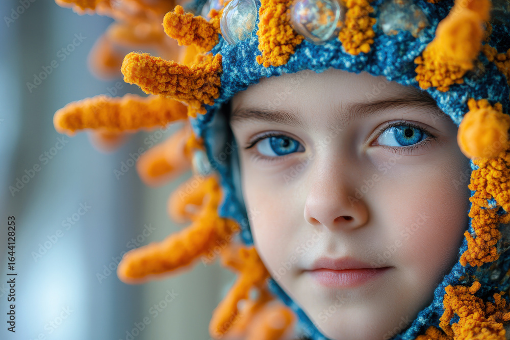 Portrait of child in creative costume with vibrant colors and unique design, funny kid face, party concept. Portrait of child in creative costume with vibrant colors and unique design, funny kid face, party concept.