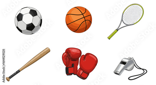 Collection of Sports Equipment Including Soccer Ball Basketball Tennis Racket Baseball Bat Boxing Gloves and Whistle Isolated on Transparent Background