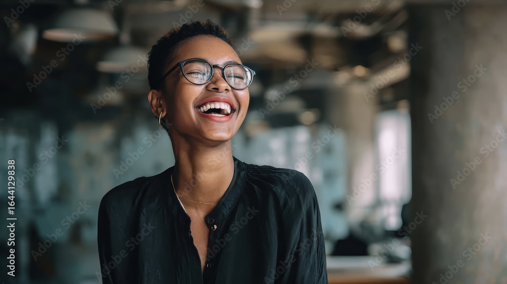 Fototapeta premium young african businesswoman wearing glasses and laughing while standing alone in a modern office no logos no brands ar 169