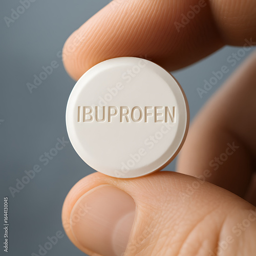 Closeup of hand holding white ibuprofen tablet with engraved text against neutral background, concept of medication, pain relief, and pharmaceutical healthcare
