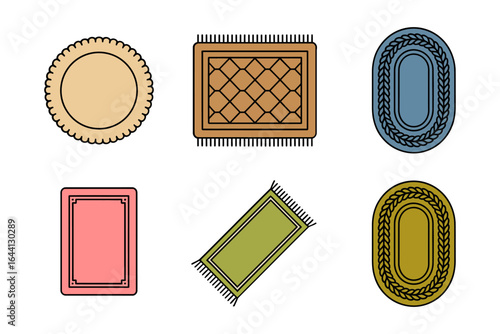 Decorative rug and mat icons, oval and rectangular woven rug vector, floor carpet illustration, home decor clipart