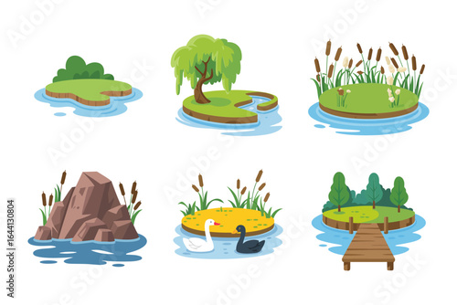 Lakeside nature icon collection, willow tree island vector, reeds and lily pads illustration, dock and swan clipart, water landscape elements