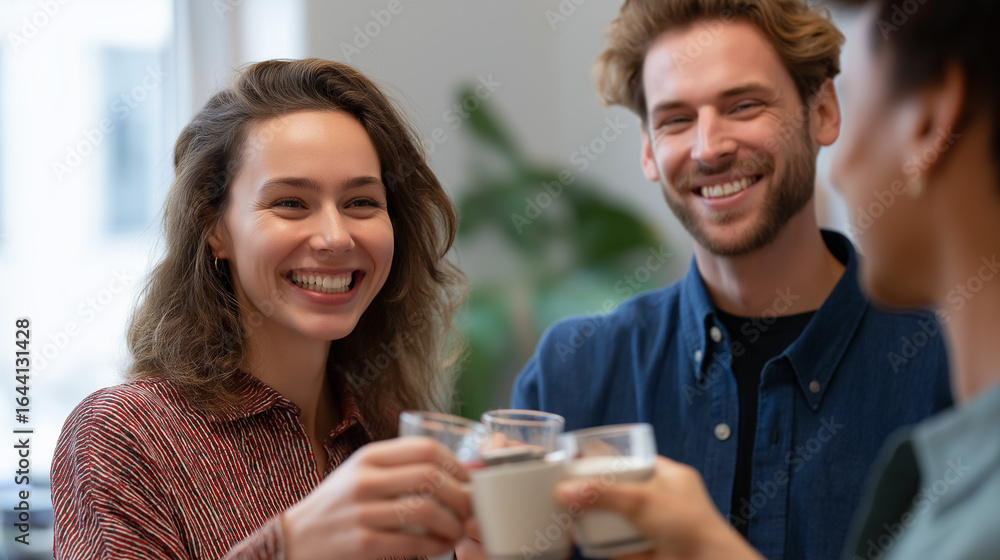 A happy team toasting project success in a modern office space