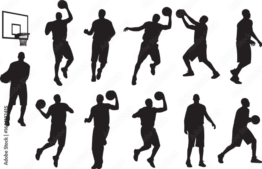 Obraz premium Basketball Male Players Silhouette Vector Illustration, Sports Action, Poses for Men’s sport, Team