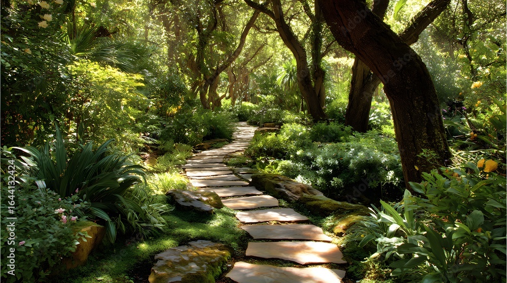 Naklejka premium Sun-drenched pathway winds through a lush garden.