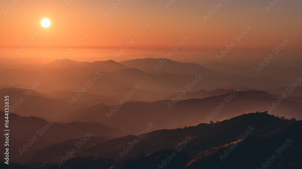 Fototapeta premium Golden sun illuminating layered mountain peaks under hazy sky sunrise mountains