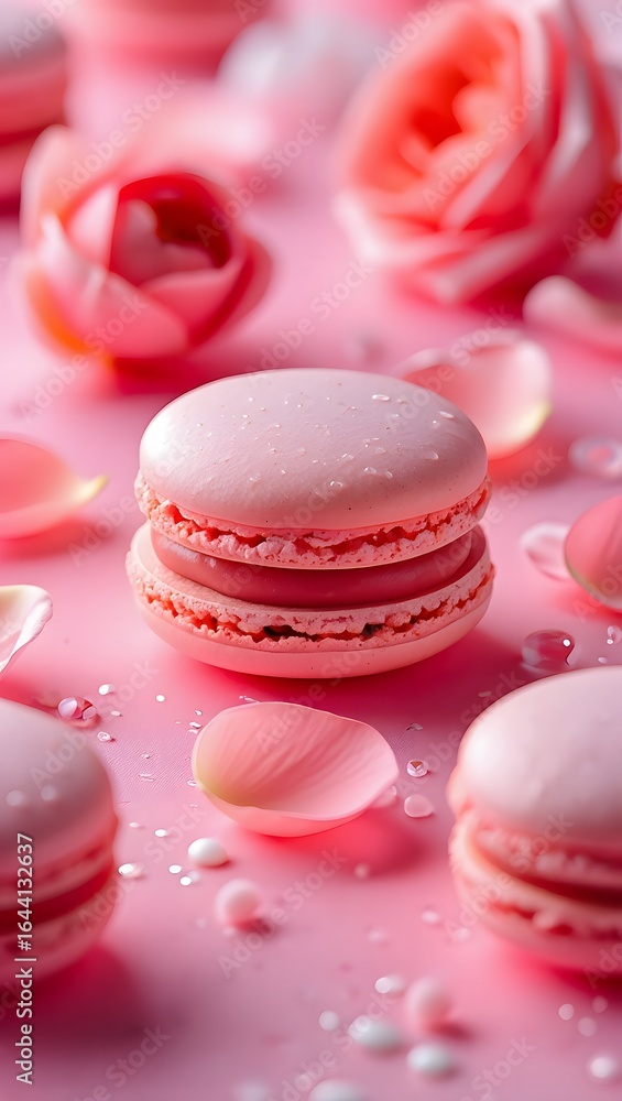 Obraz premium Delicate pink macarons with rose petals on a pink background, perfect for valentines day, romantic celebrations, and sweet gourmet treats