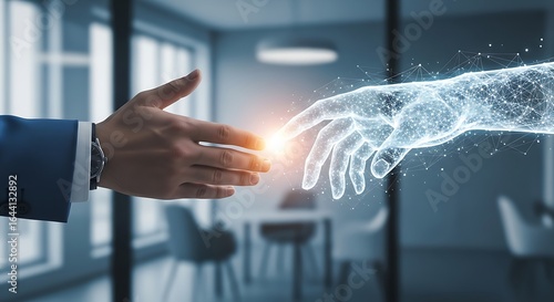 Man's hand reaches for glowing digital hand in modern office, symbolizing connection and innovation
