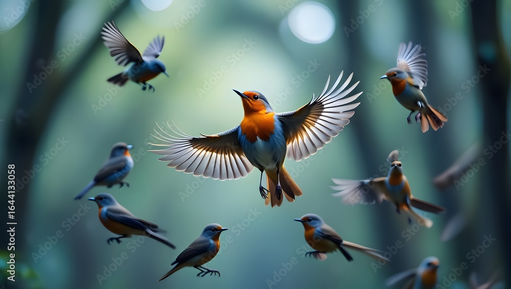 Fototapeta premium A vibrant flock of robins in midflight, wings spread wide, captures the essence of wildlife and the beauty of nature in a lush forest setting