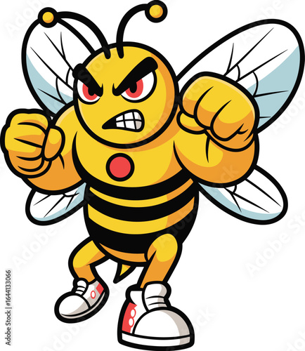 Cartoon bee character, aggressive expression, clenched fists, fighting stance, yellow body, black stripes, red chest dot, vector art, sporty insect, animated illustration