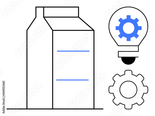 Milk carton paired with industrial gear and light bulb with cog. Ideal for innovation, food industry, technology, manufacturing, packaging design, sustainability, simple flat metaphor