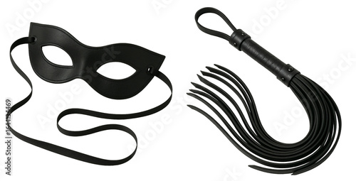 BDSM set. Leather whip and mask