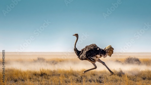 Ostrich running across the African plains dust flying behind and open blue skies above