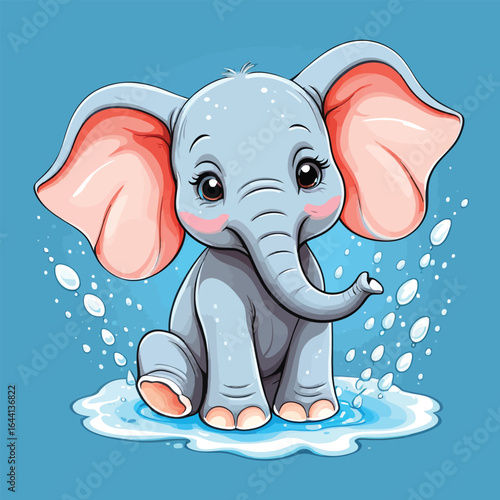 Adorable Baby Elephant Cartoon Character Sitting In Water Playful Vector Illustration For Childrens Books Nursery Art And Educational Resources