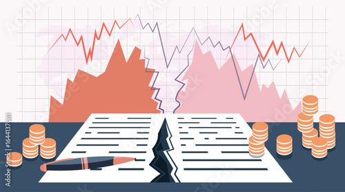 Economic recession financial crisis broken contract torn document declining graph chart coin stacks pen flat design banner
