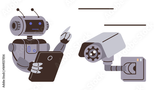 Humanoid robot holding tablet, pointing at screen near CCTV camera representing AI integration in security. Ideal for automation, surveillance, innovation, data protection, robotics, safety, digital
