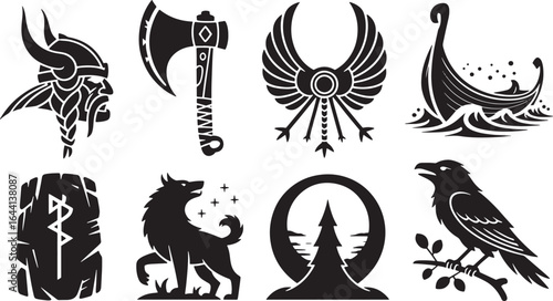 Viking and Norse Mythology Symbols Collection Featuring Runes, Wolf, Raven, and Ship