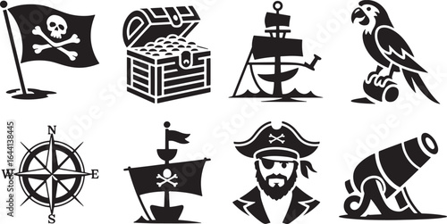Pirate Icons Set Black Silhouette on Transparent Background Skull Treasure Ship Cannon