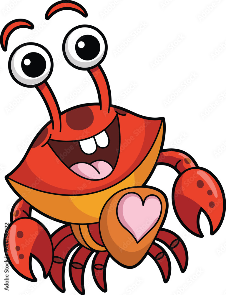 Naklejka premium Cartoon crab character, red-orange body, big eyes, smiling face, heart on chest, cheerful animal, vector illustration, playful style